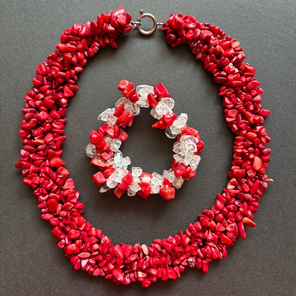 Red Coral Chip Statement Necklace And Bracelet Set | 18 IN - Picture 2 of 10